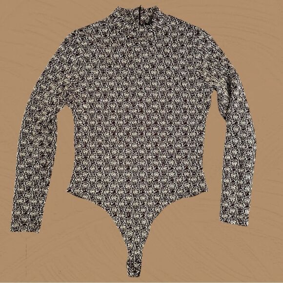 Vintage 90s textured brown and beige high neck bodysuit - Picture 7 of 10